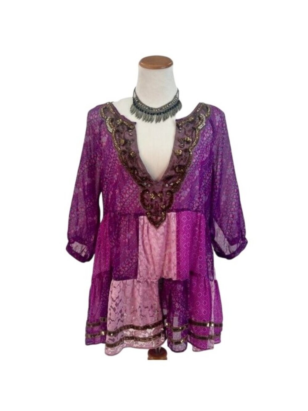 VTG Free People Purple Patchwork Chiffon Top | Boho Grunge Fairy Whimsigoth Y2K - Picture 14 of 16